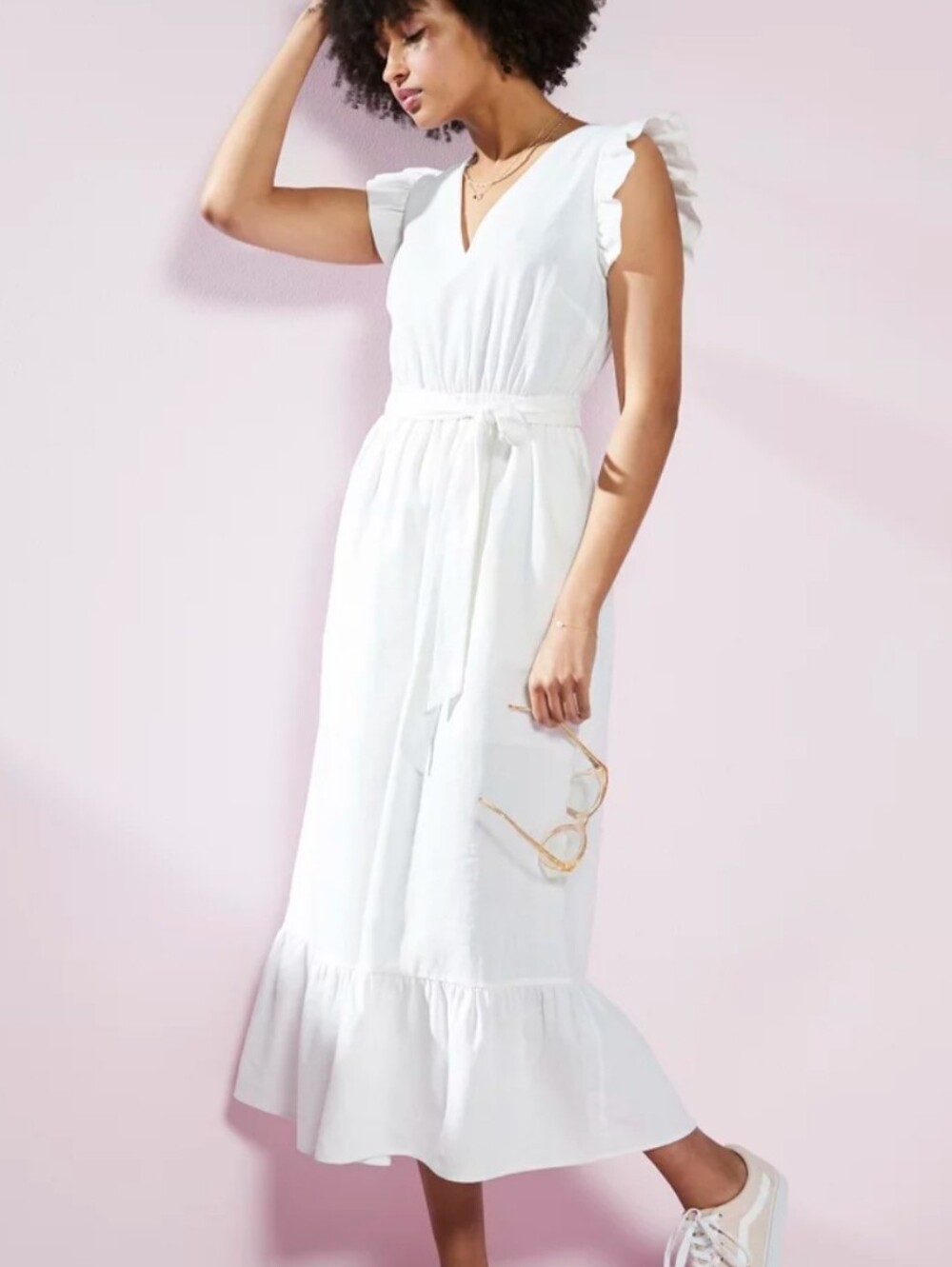 Popsugar White Ruffle Sleeve Dress V-Neck Linen Blend Size Small